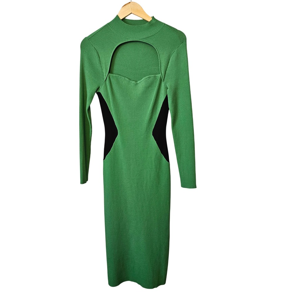 Gabrielle Union Green Ribbed Cutout Bodycon Midi Dress M Long Sleeve Colorblock